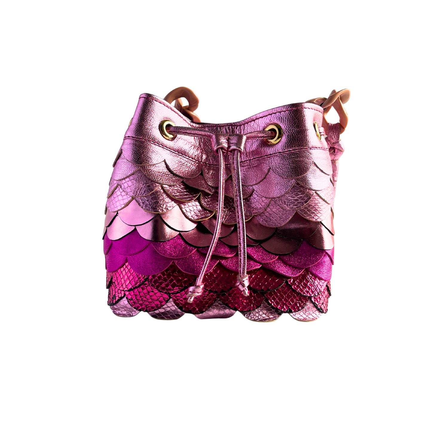 Pink and purple metallic drawstring bag on a white background